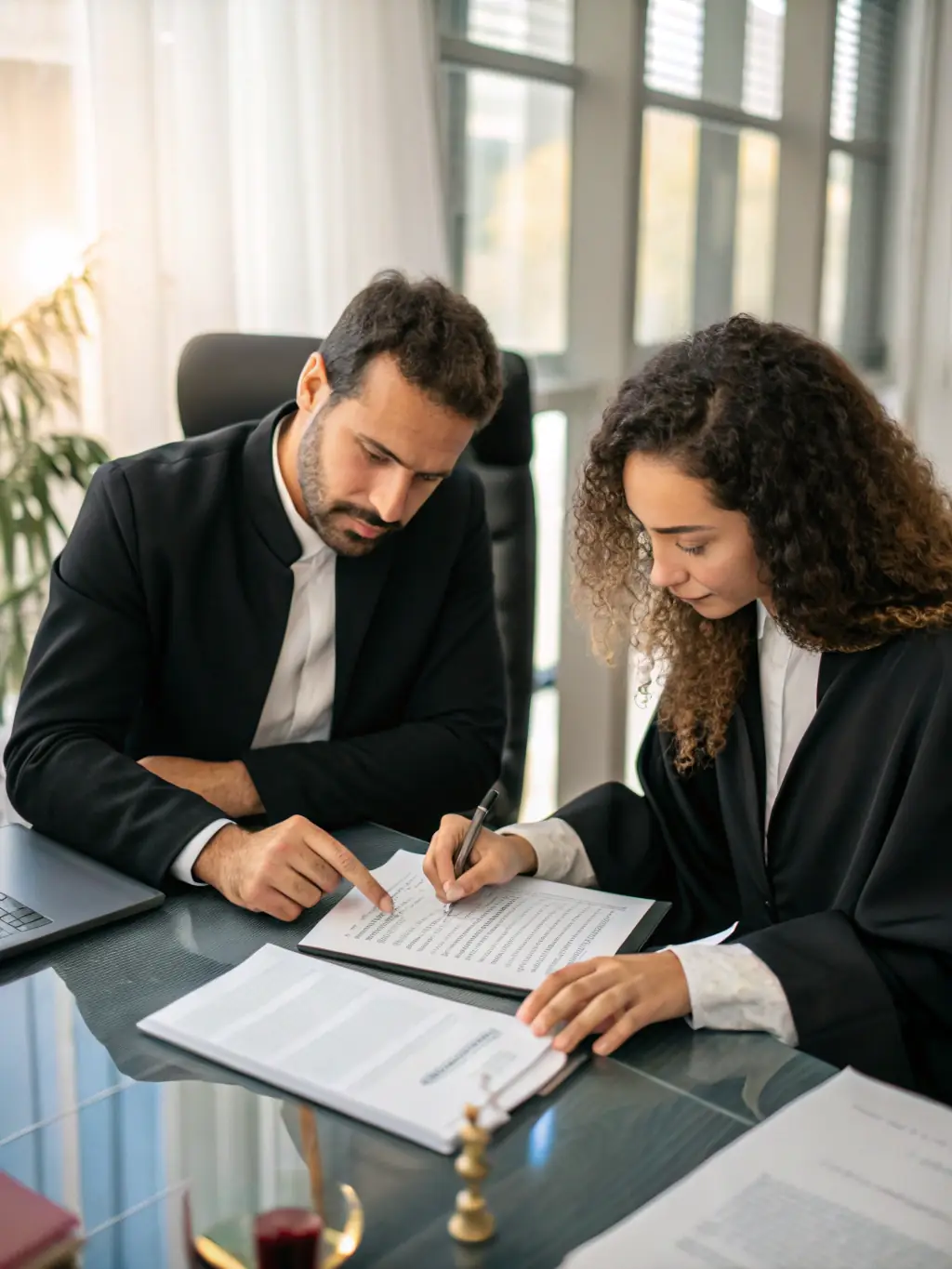 An image of a legal advisor consulting with a survivor, with documents and a supportive environment.