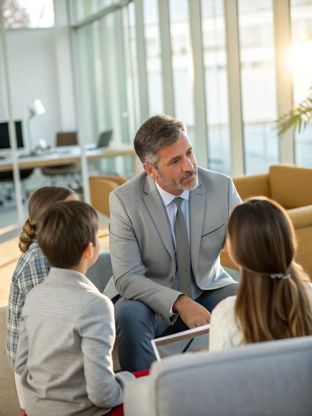 An image of a legal advisor consulting with a survivor, with legal documents and a supportive environment. The scene conveys professionalism and empathy.