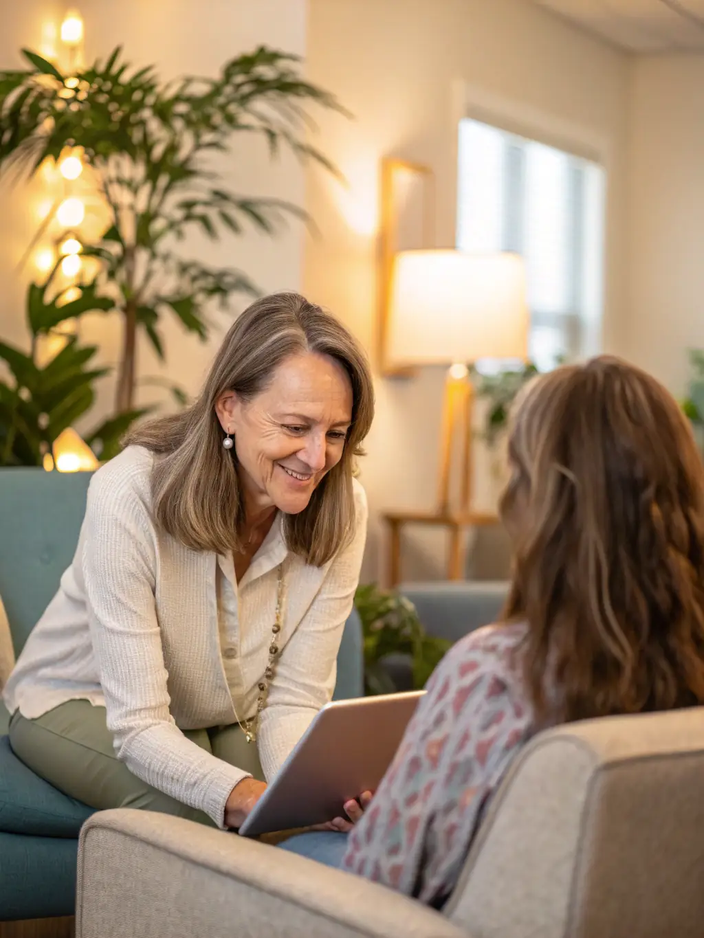 A compassionate case manager assisting a survivor with personalized support in a safe, welcoming office environment at New Dawn Survivor Services.