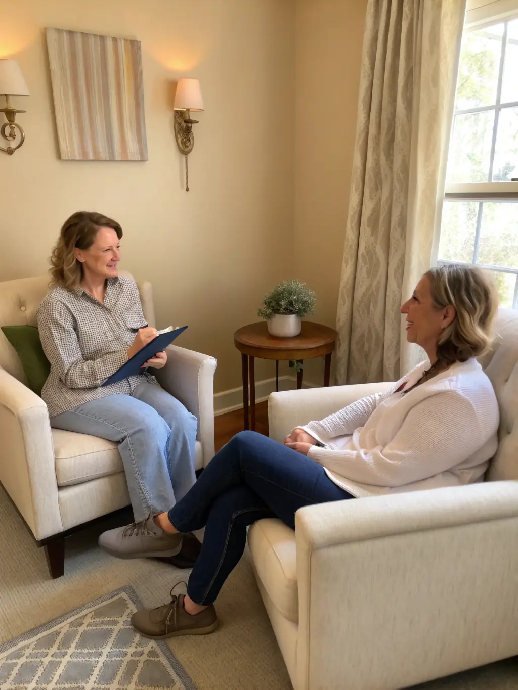 An image of a counselor conducting a therapy session with a survivor in a safe, welcoming space. The atmosphere is calm and reassuring.