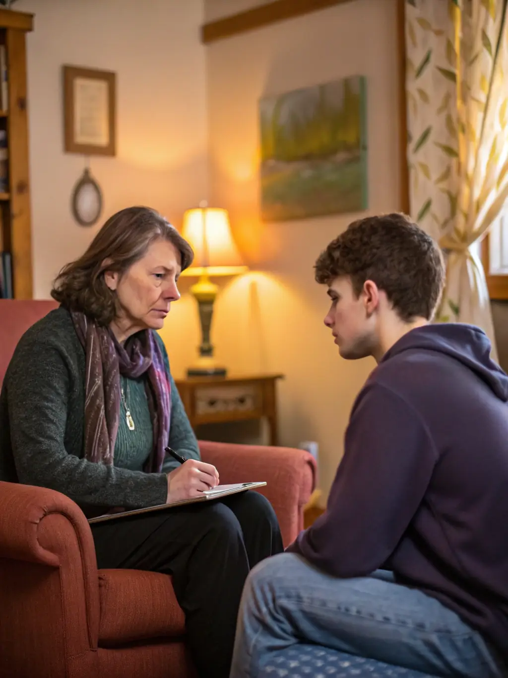 An image of a compassionate counselor engaging with a survivor in a supportive environment, emphasizing trust and healing.