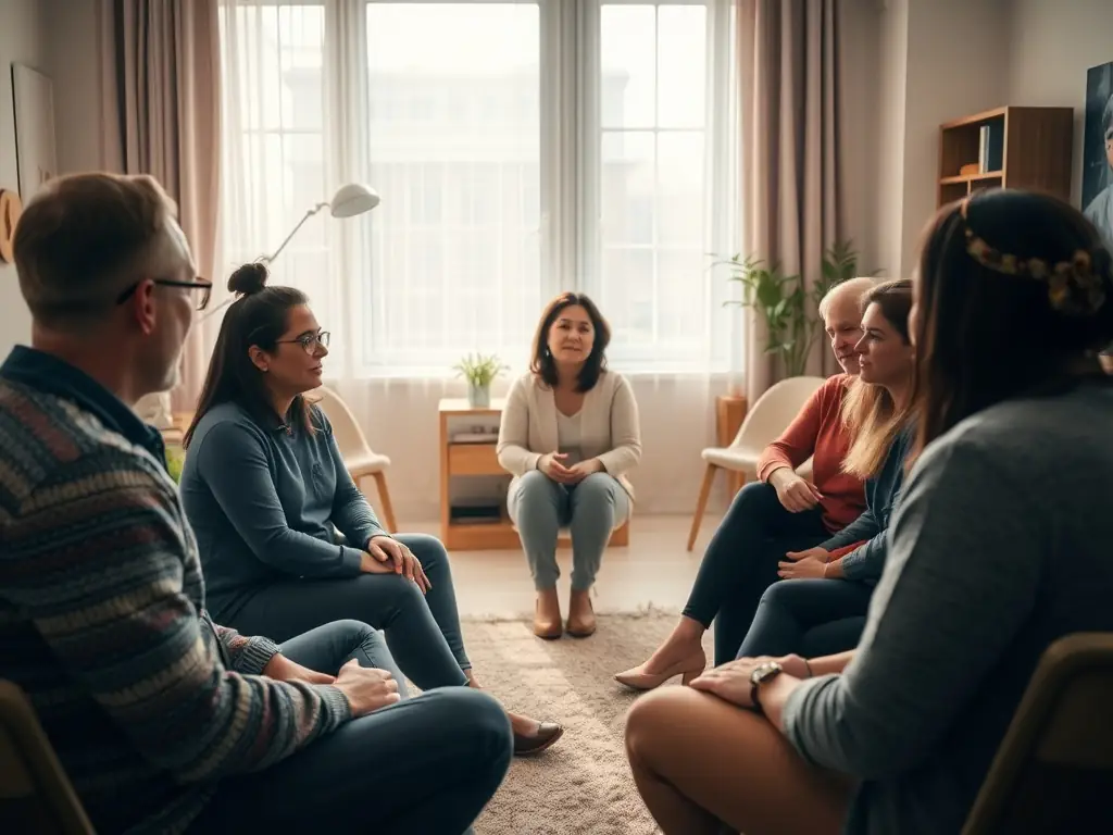A therapist leading a group counseling session with survivors, creating a safe and supportive environment for healing and recovery.