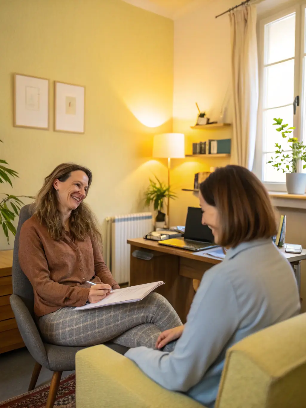 An image of a compassionate counselor engaging with a survivor in a supportive environment, emphasizing trust and healing. The setting is a brightly lit, comfortable office.